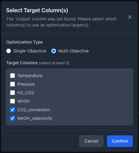 The Select Target Column(s) dialog. Multi-Objective is selected, and under Target Columns the boxes for CO2_conversion and MeOH_selectivity are ticked. The text above says the Output column was not found.