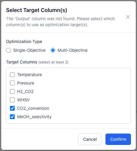 The Select Target Column(s) dialog. Multi-Objective is selected, and under Target Columns the boxes for CO2_conversion and MeOH_selectivity are ticked. The text above says the Output column was not found.