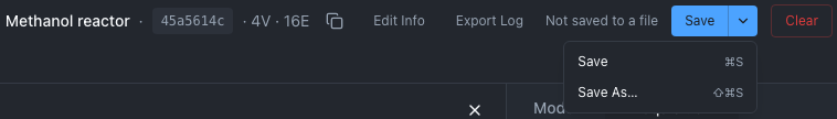 The right-hand end of the app header with the Save menu open, showing Save with the shortcut for Mac, and Save As… with its shortcut. Beside it are the session ID with 4V · 16E, Edit Info, Export Log, the text Not saved to a file, the Save button with its arrow and Clear.