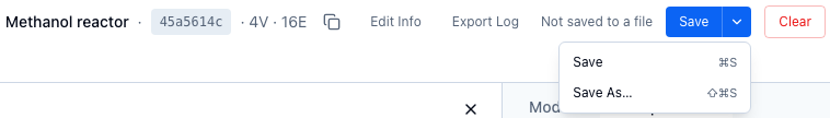 The right-hand end of the app header with the Save menu open, showing Save with the shortcut for Mac, and Save As… with its shortcut. Beside it are the session ID with 4V · 16E, Edit Info, Export Log, the text Not saved to a file, the Save button with its arrow and Clear.