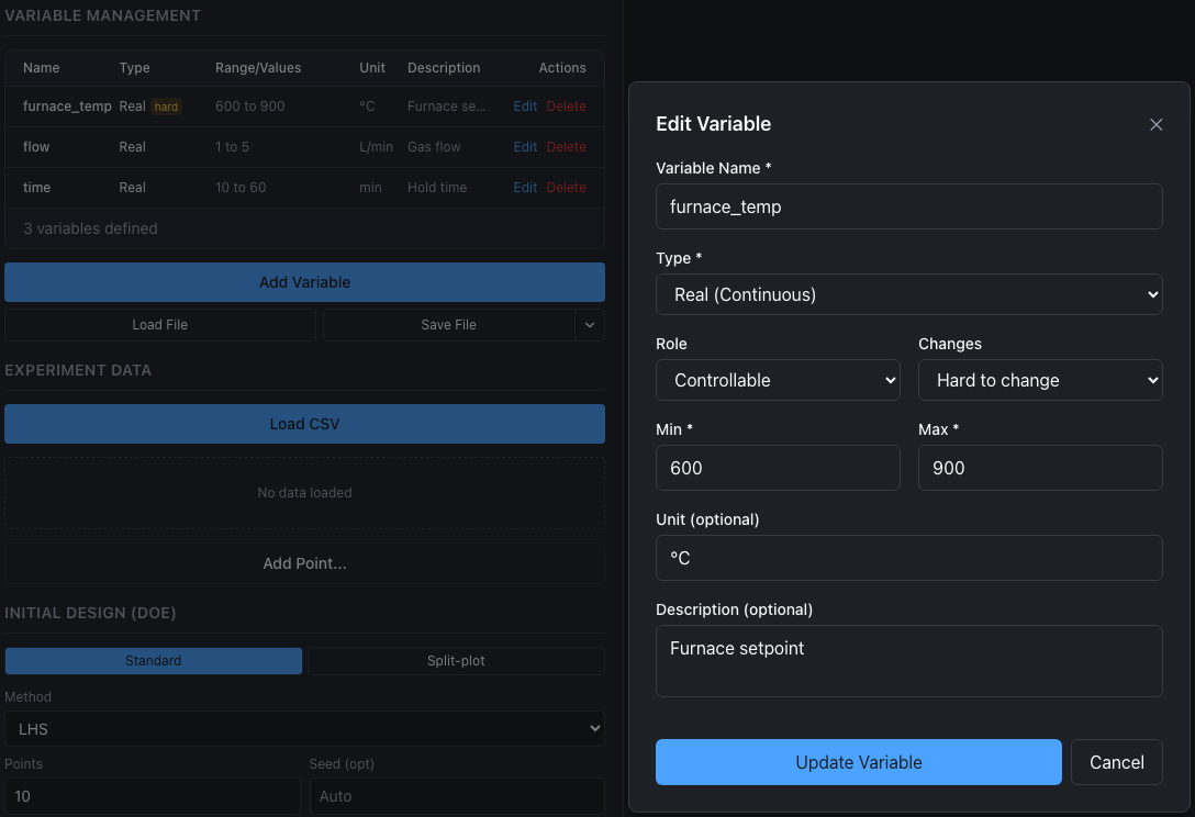 The Edit Variable form for furnace_temp with Type Real (Continuous), Role Controllable and Changes Hard to change; the variable list behind it shows a hard badge next to furnace_temp.