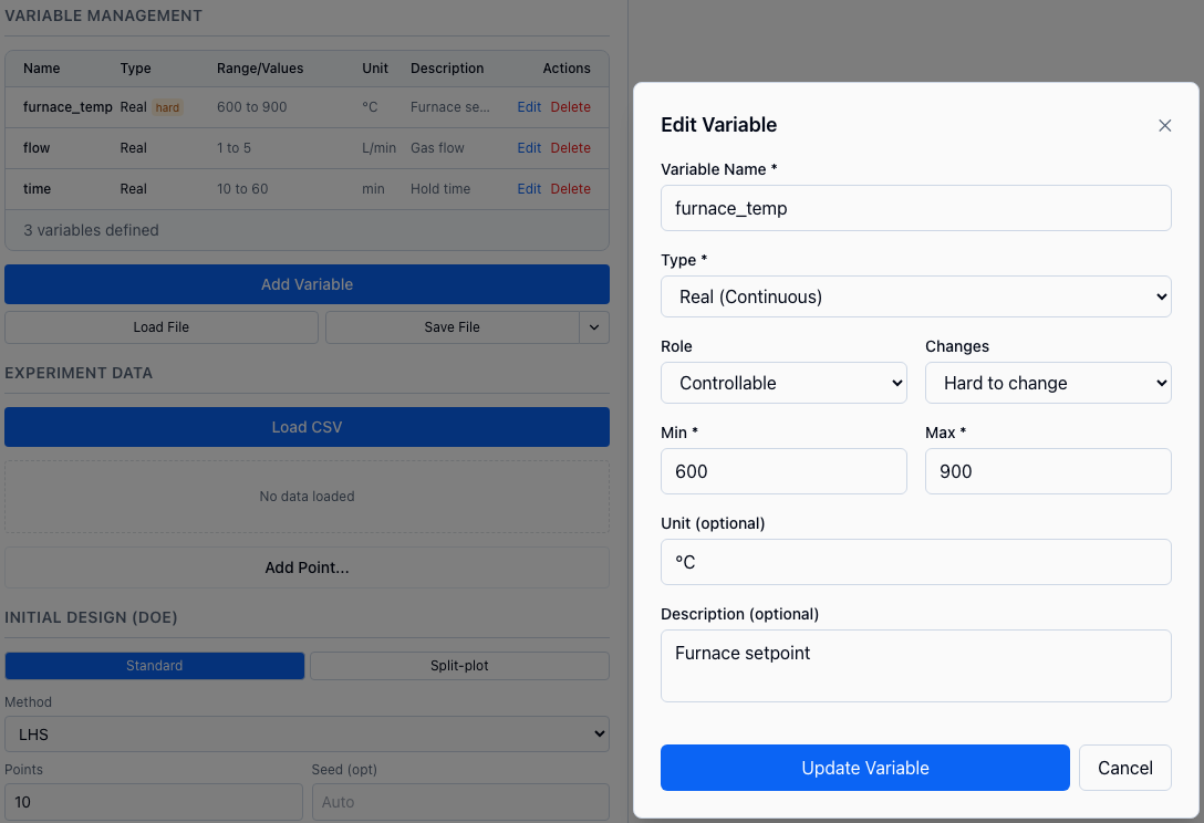 The Edit Variable form for furnace_temp with Type Real (Continuous), Role Controllable and Changes Hard to change; the variable list behind it shows a hard badge next to furnace_temp.