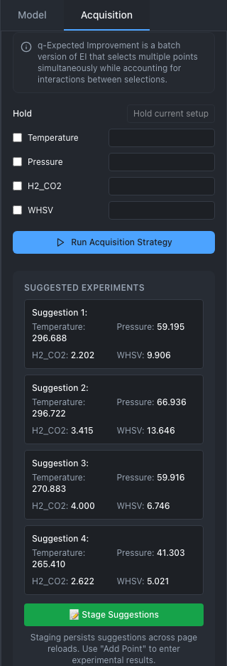 The Acquisition tab with four suggestions, each giving Temperature, Pressure, H2_CO2 and WHSV, above the Stage Suggestions button.
