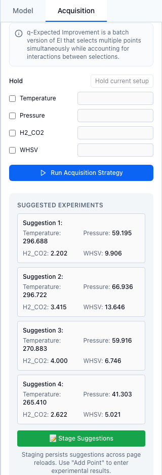 The Acquisition tab with four suggestions, each giving Temperature, Pressure, H2_CO2 and WHSV, above the Stage Suggestions button.
