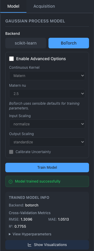 The Model tab after training. BoTorch is selected; Enable Advanced Options is unticked, and the greyed settings below show Continuous Kernel Matern, Matern nu 2.5, Input Scaling normalize and Output Scaling standardize. Below the Train Model button are "Model trained successfully" and Trained Model Info with Backend botorch, RMSE 1.3097, MAE 1.0514 and R² 0.7755, then View Hyperparameters and Show Visualizations.