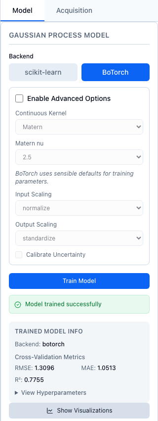 The Model tab after training. BoTorch is selected; Enable Advanced Options is unticked, and the greyed settings below show Continuous Kernel Matern, Matern nu 2.5, Input Scaling normalize and Output Scaling standardize. Below the Train Model button are "Model trained successfully" and Trained Model Info with Backend botorch, RMSE 1.3097, MAE 1.0514 and R² 0.7755, then View Hyperparameters and Show Visualizations.