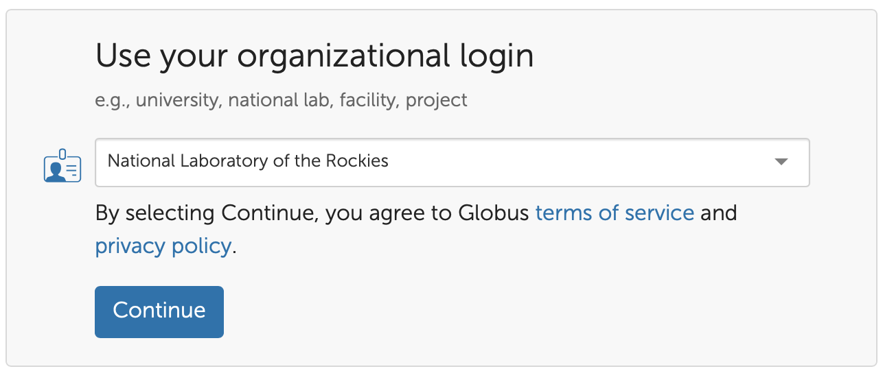 The Globus login page. In the "Use your organizational login" dropdown menu, "National Laboratory of the Rockies" is selected.
