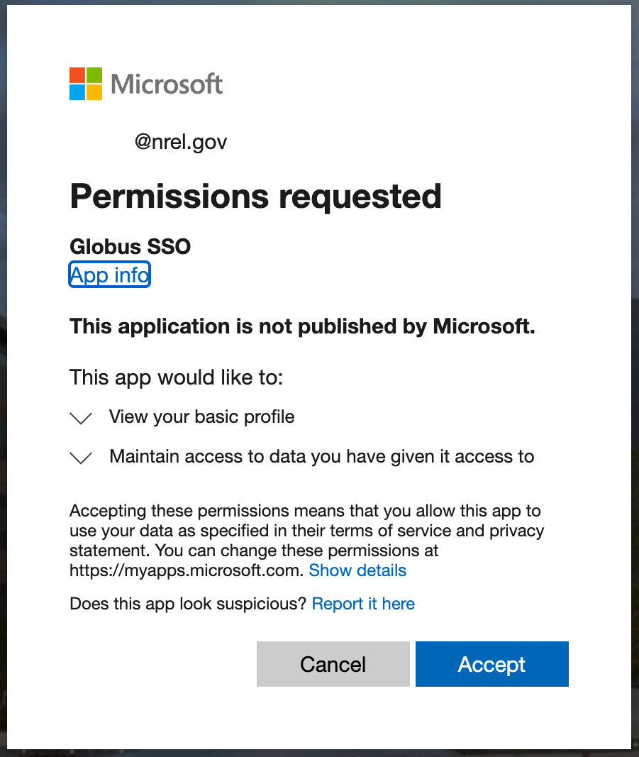 The Microsoft's "Permissions requested" menu, with the requestor being Globus SSO. The menu notes that the Globus SSO is not published by Microsoft. The two options at the bottom of the menu are "Cancel" and "Accept".